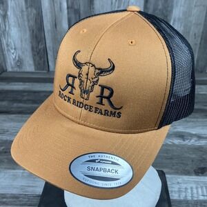 Yupoong Rock Ridge Farms Bull Skull Trucker Hat Brown Black Snapback Cap